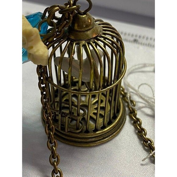 Parklane Birdcage Necklace 30" Long with Turquoise Blue Crystal and White Flower - Picture 4 of 7